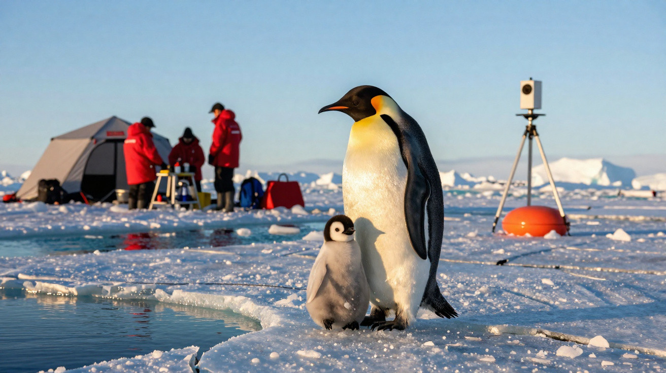 Pinguins junto a um grupo de cientistas em estação de pesquisa na Antártida, com gelo e água à volta.