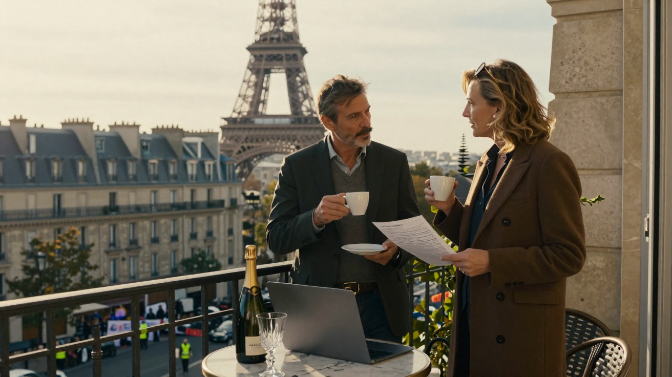 Dois adultos a conversar numa varanda em Paris com vista para a Torre Eiffel, segurando chávenas e documentos.