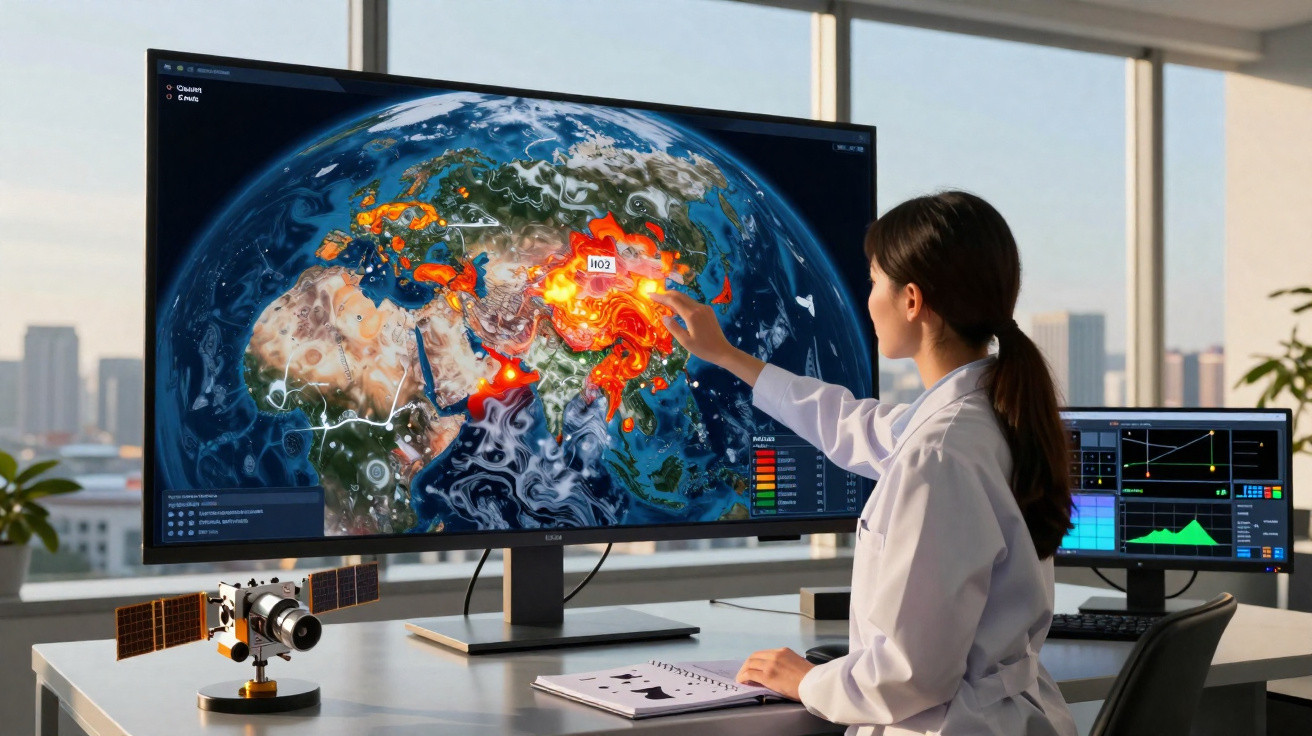 Mulher analisa dados climáticos globais em ecrã grande, com gráficos e satélite na secretária.
