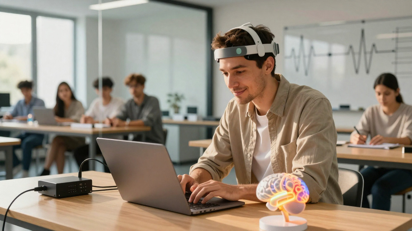 Jovem com aparelho cerebral inteligente usa laptop numa sala de aula moderna com colegas ao fundo.
