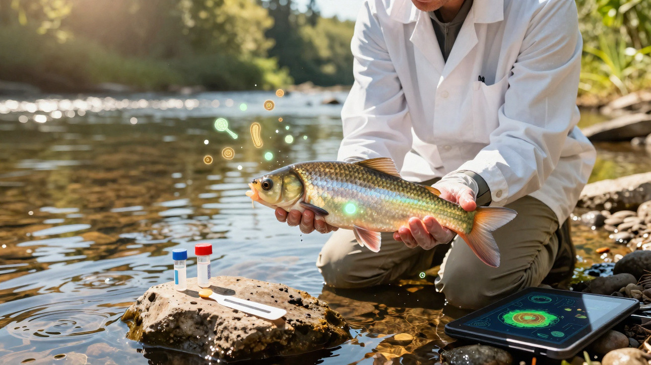 Pessoa de bata branca segura peixe em rio, com amostras e tablet para análise ambiental nas pedras.