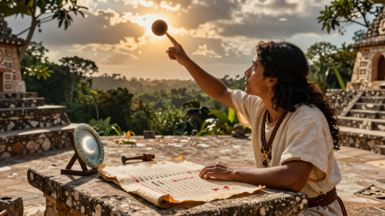 Homem com roupa tradicional mexe numa esfera ao pôr do sol, sentado junto a tabela antiga e artefactos de pedra.