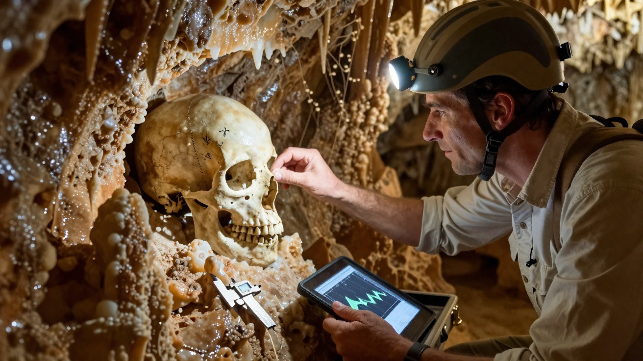 Cientista em caverna examina crânio humano com luz de cabeça e tablet, rodeado de estalactites.