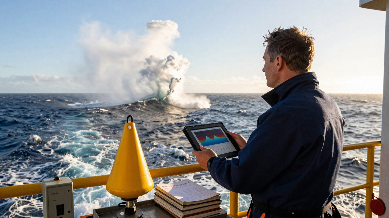 Homem com tablet observa erupção vulcânica submarina a partir de plataforma no mar agitado.