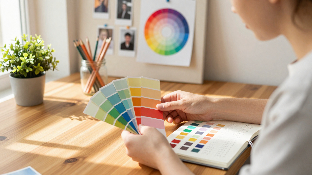 Pessoa a segurar amostras de cores junto a mesa com plantas, lápis e livro de cores aberto.