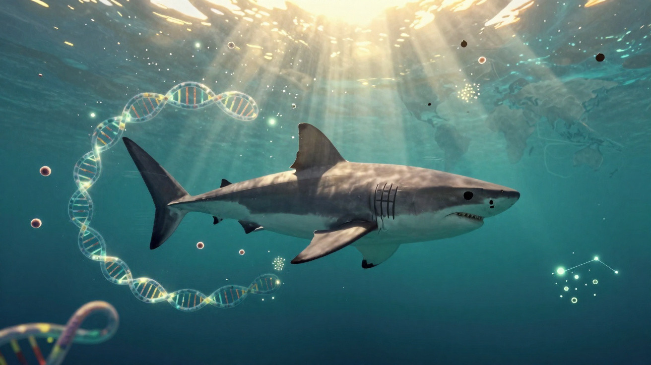 Tubarão nadando no oceano com representações digitais de DNA e moléculas ao seu redor.