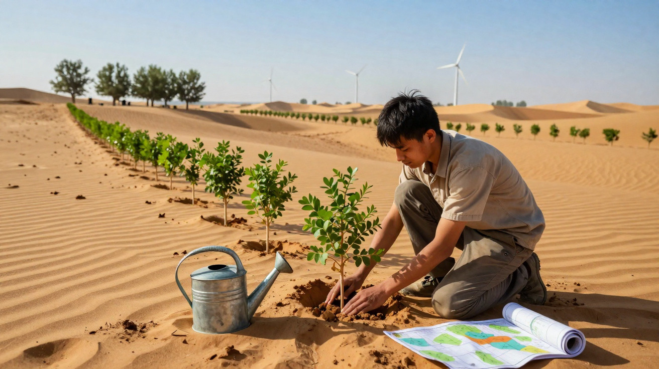 Jovem planta árvore no deserto com regador e mapas no chão, com turbinas eólicas ao fundo.
