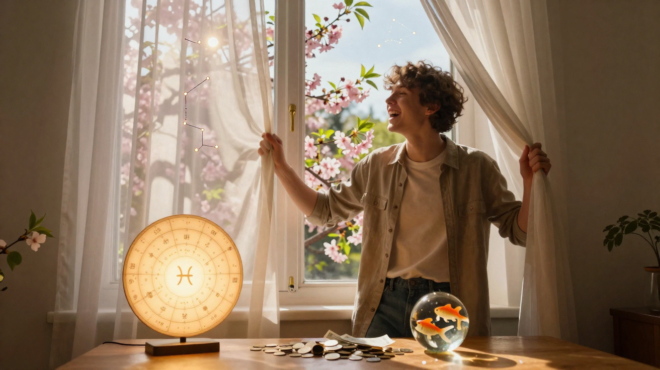 Jovem sorrindo junto a janela aberta com flores, mapa astral iluminado e globo com peixes no interior.