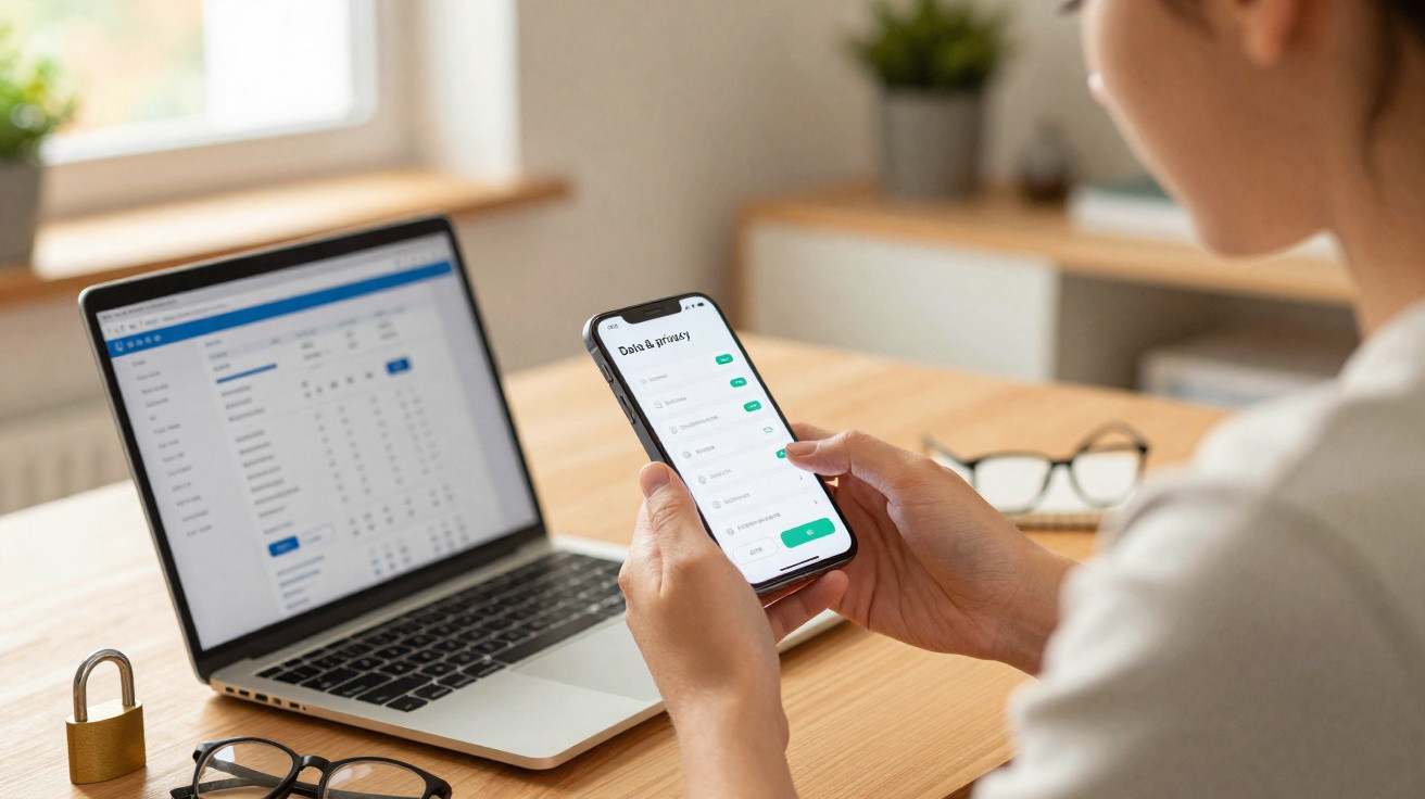 Pessoa com telemóvel na mão consultando definições de privacidade, com computador portátil e objetos numa mesa de madeira.