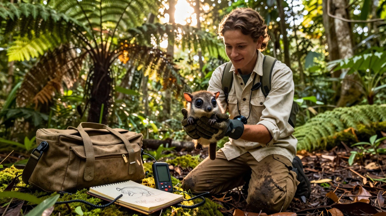 Jovem cientista segura um animal pequeno e peludo numa floresta tropical com equipamento de estudo e caderno.