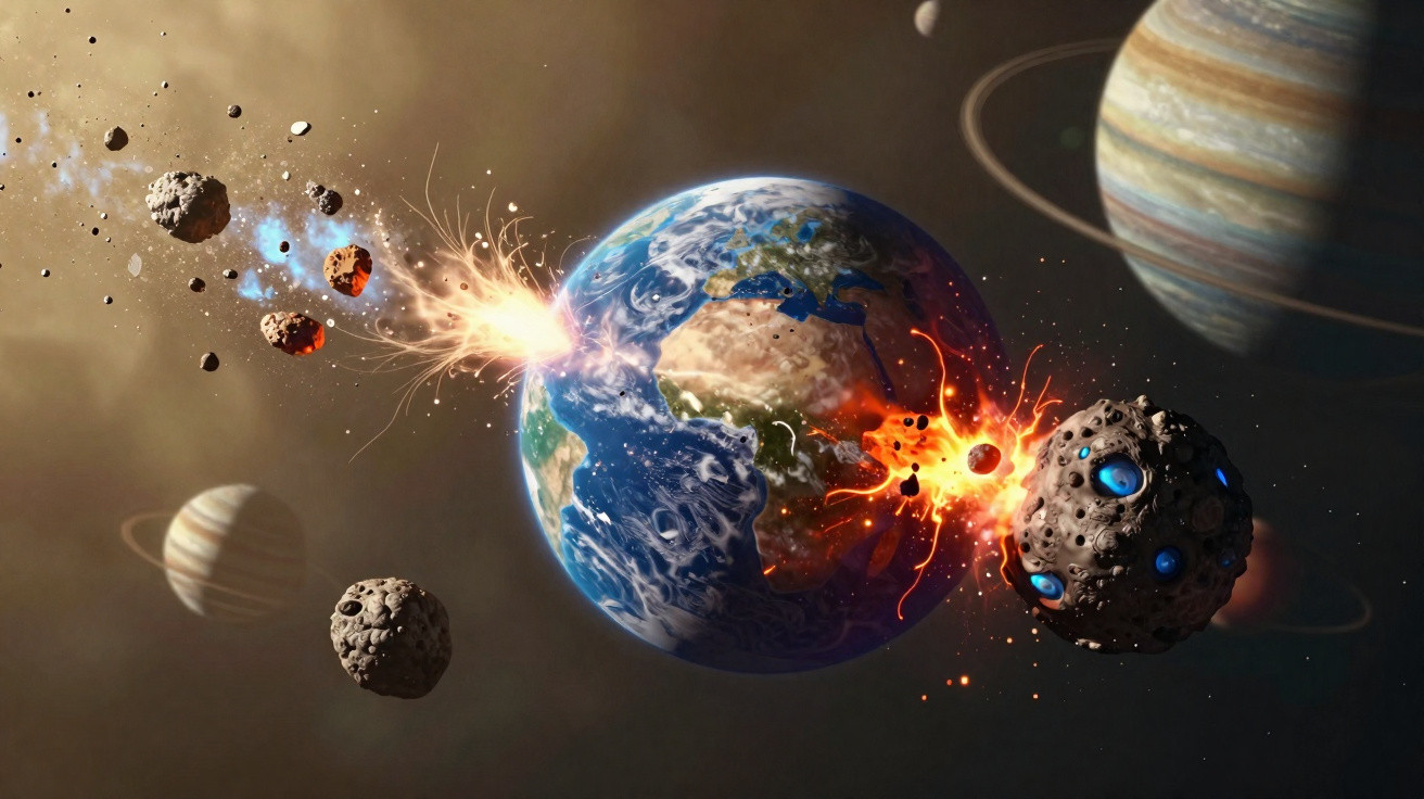Ilustração de asteróide colidindo com a Terra rodeada por planetas e detritos espaciais.