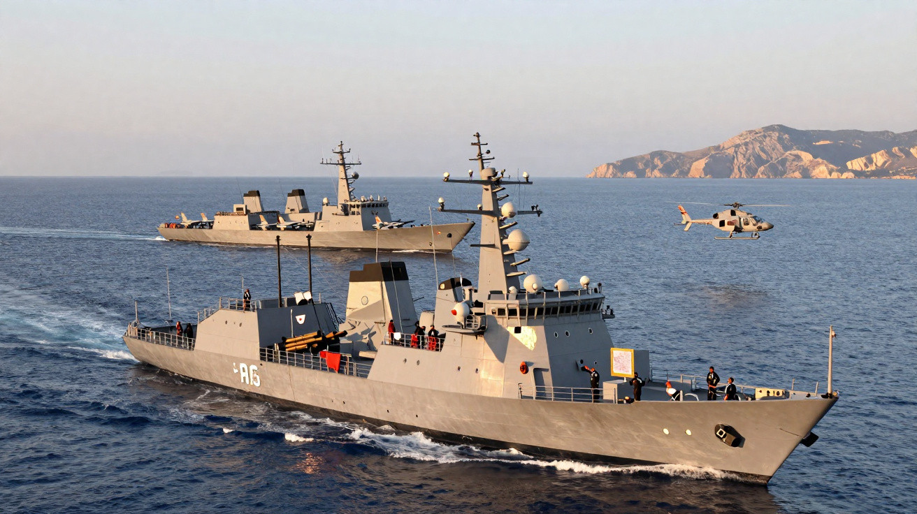 Dois navios militares a navegar no mar com um helicóptero a voar próximo e uma costa rochosa ao fundo.