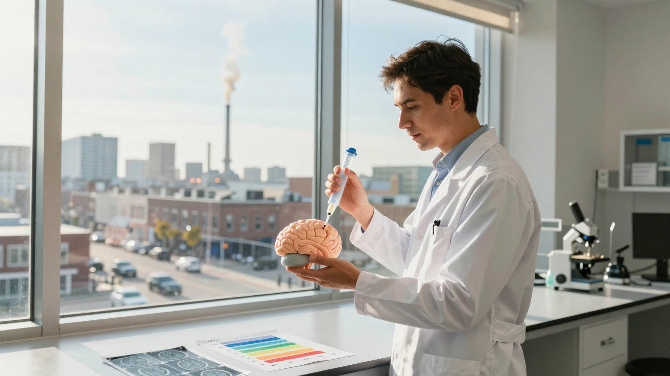Cientista em laboratório com bata branca examina modelo de cérebro segurando pipeta junto à janela.