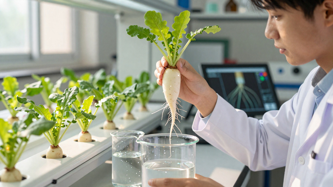 Cientista em laboratório a examinar uma raiz de rabanete com plantas semelhantes em cultivo hidropónico no fundo.