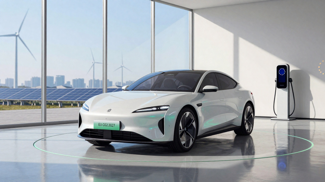 Carro elétrico branco a carregar em estação interior com painéis solares e turbinas eólicas ao fundo.