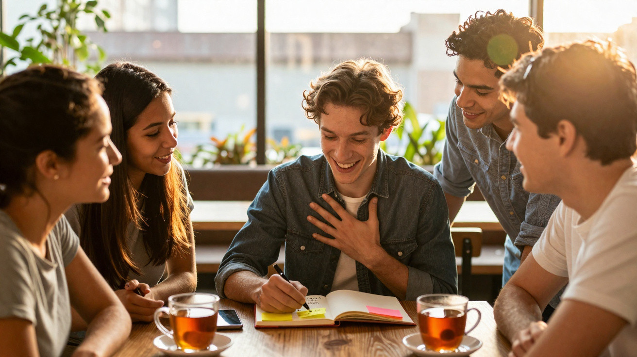 Grupo de cinco jovens reunidos à mesa a conversar e tomar chá num ambiente iluminado por luz natural.