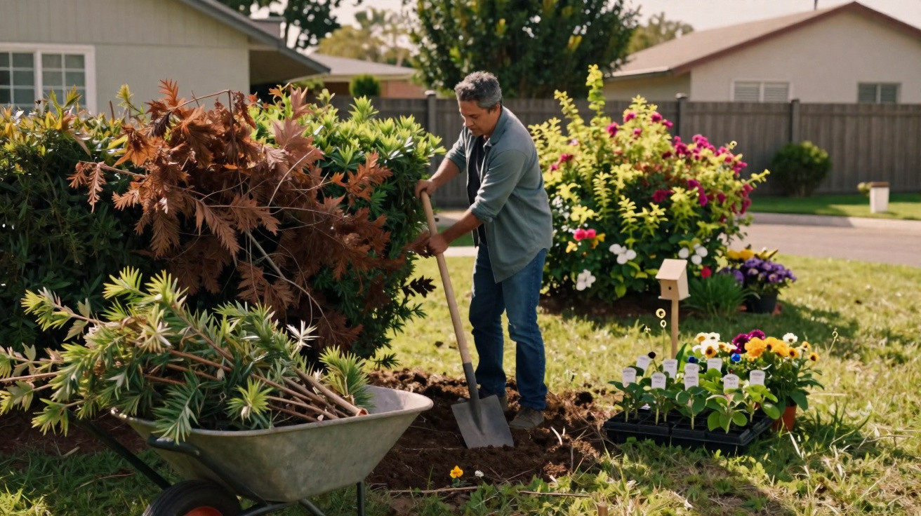 Homem a cavar terra no jardim com pá, perto de carrinho de mão e plantas para plantar.