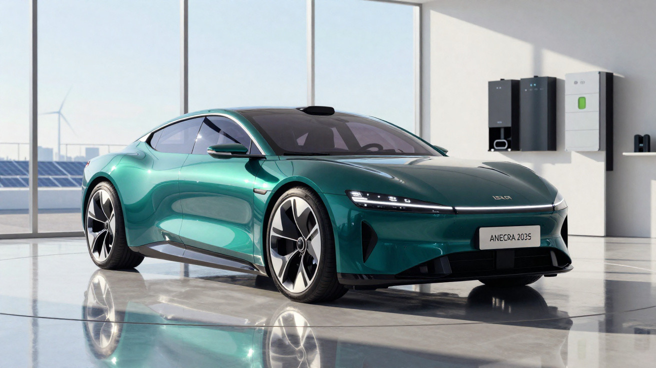 Carro elétrico verde futurista estacionado em garagem com painéis solares e turbinas eólicas ao fundo.