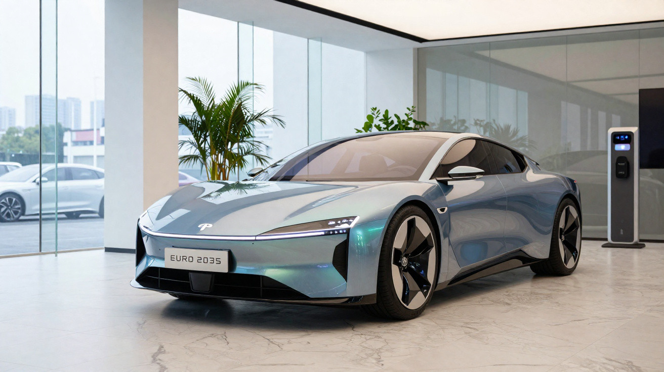 Carro elétrico futurista prateado estacionado numa sala moderna com paredes de vidro e planta decorativa.