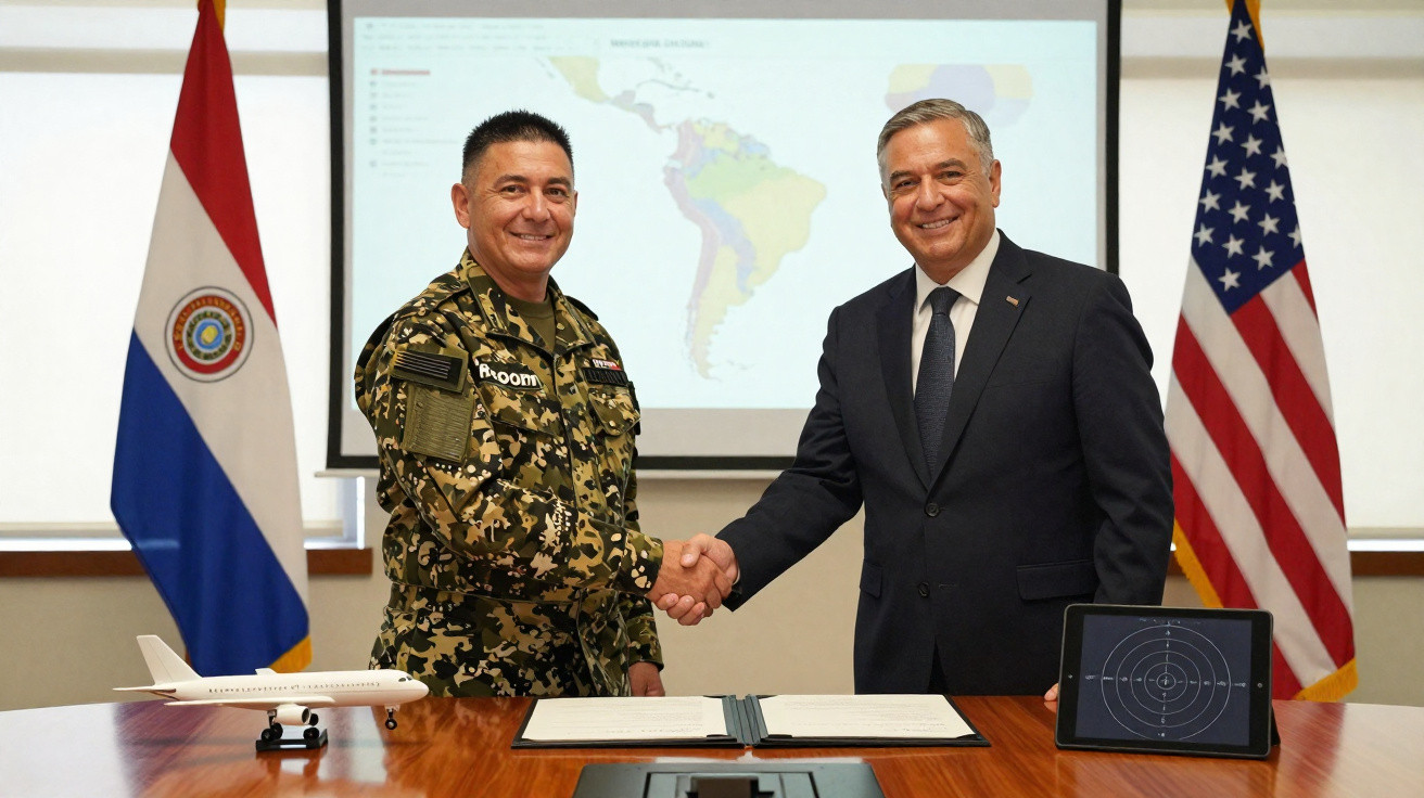 Militar e homem de fato apertam as mãos numa sala com bandeiras do Paraguai e dos EUA, com mapa e objetos na mesa.