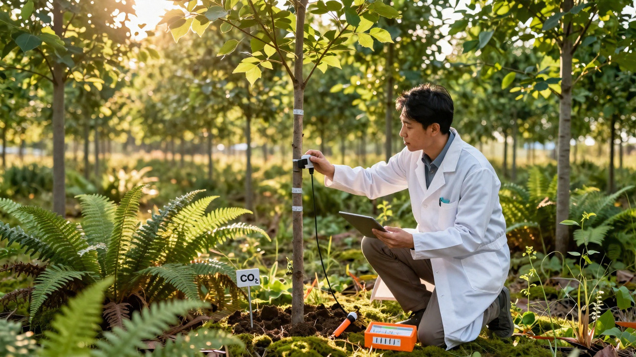 Cientista em bata branca medindo CO2 junto a árvore numa floresta com tablet na mão.