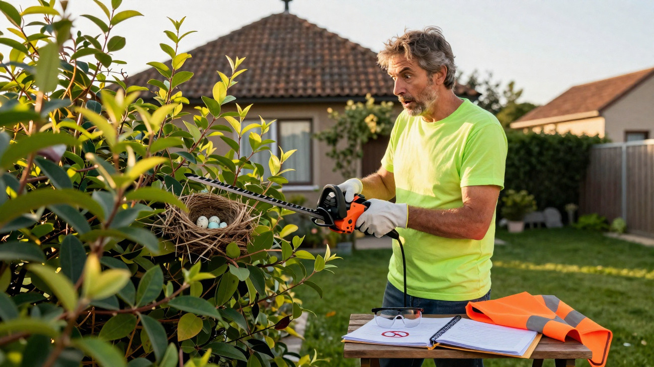 Homem com ferramentas de jardinagem a aparar cerca viva perto de um ninho com ovos no jardim.