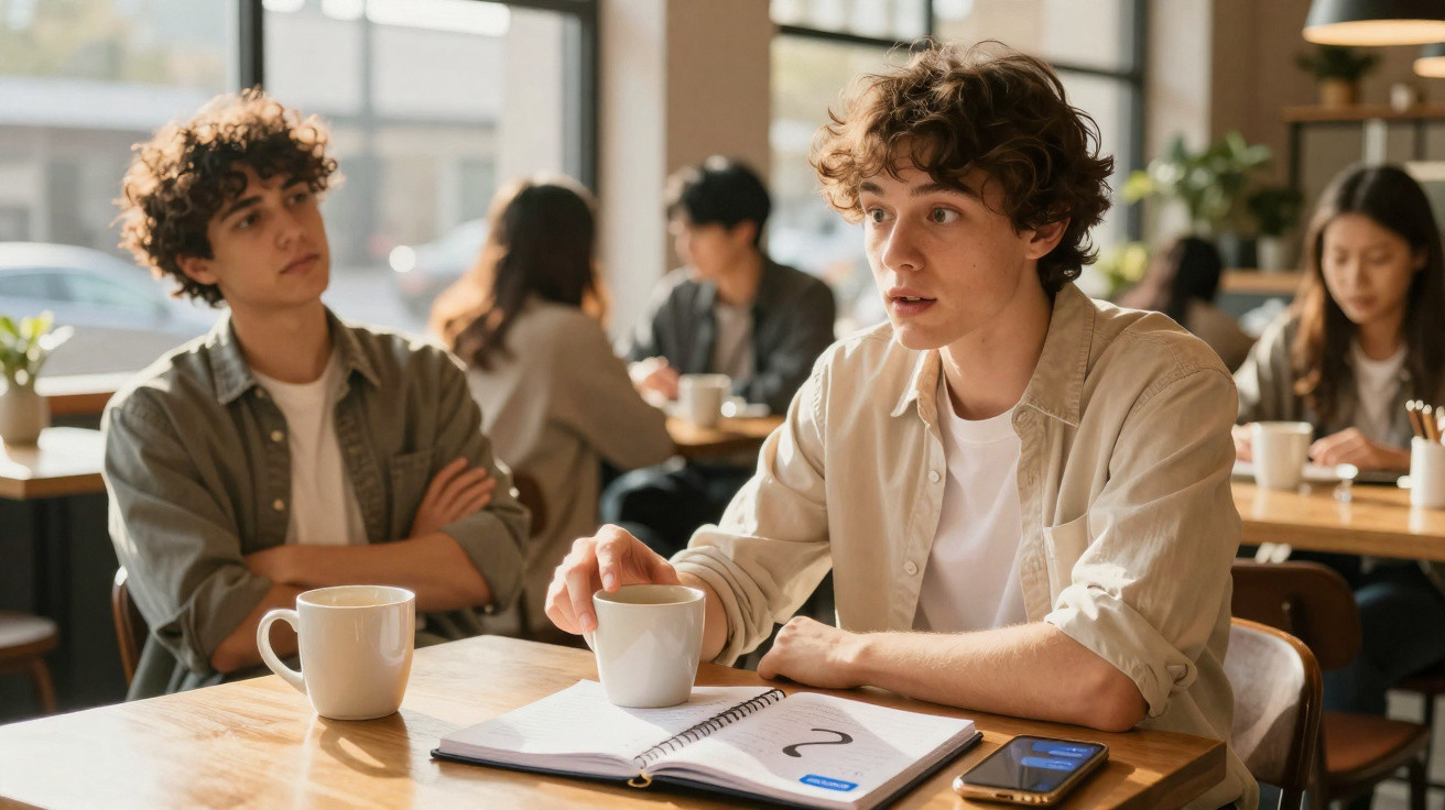 Dois jovens a conversar numa cafetaria com cadernos e chávenas de café à sua frente.