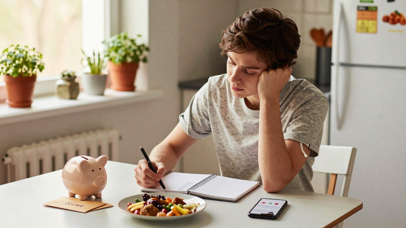 Jovem sentado à mesa a fazer contas com caderno, telemóvel, mealheiro e prato com fruta à sua frente.
