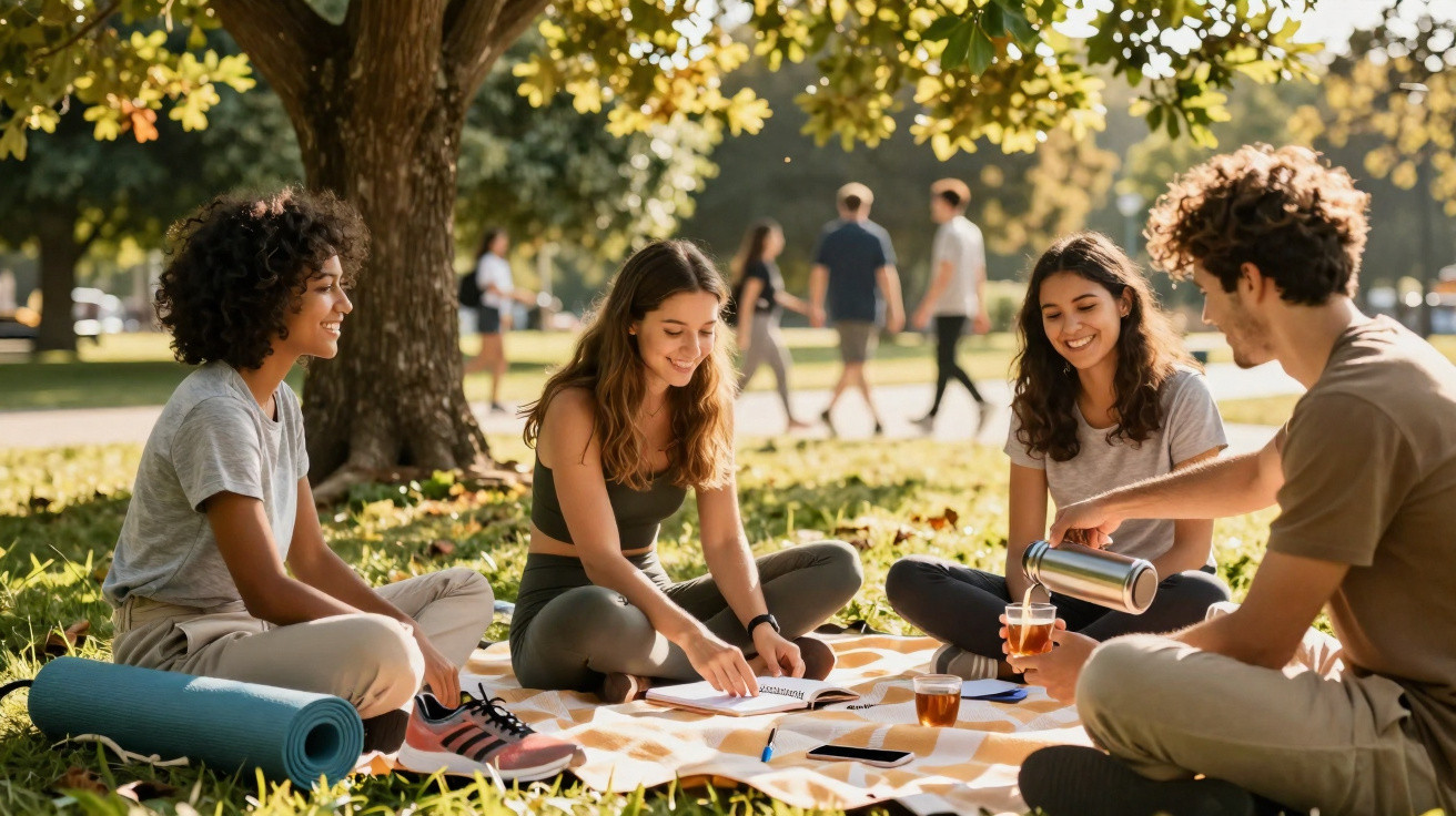 Quatro jovens sentados num piquenique no parque, sorrindo e partilhando bebidas ao pôr do sol.