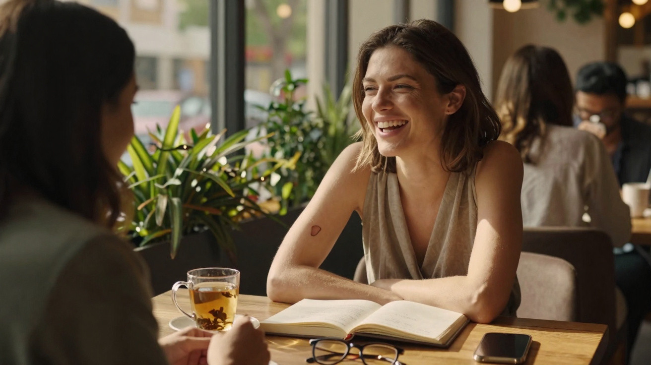 Duas mulheres sentadas numa mesa de café, a conversar e sorrir com livro, chá e telemóvel à frente.