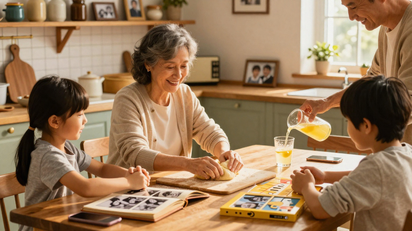 Família multigeracional na cozinha, avó a amassar pão e crianças a ver livros e jogar enquanto adulto serve sumo.