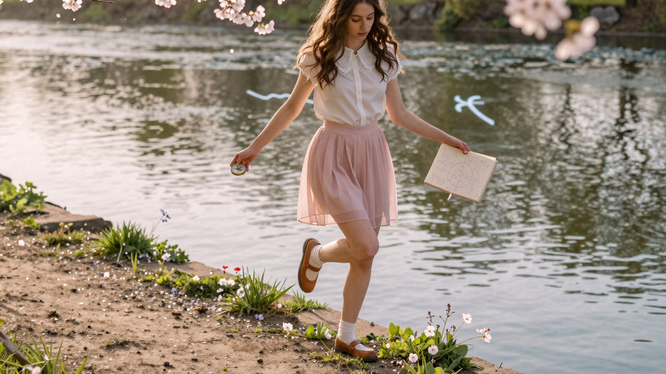 Jovem com saia rosa e blusa branca caminha junto a um lago florido, segurando um livro e um objeto redondo.