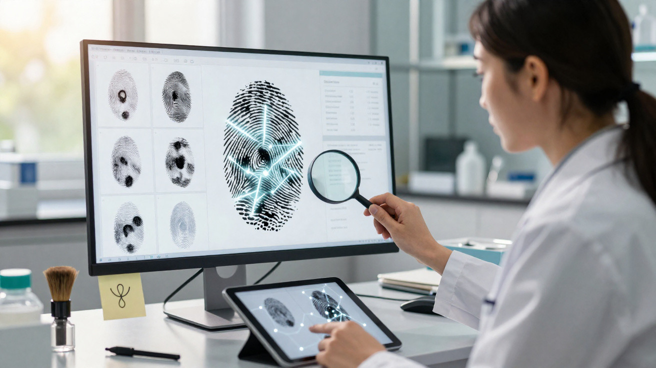 Mulher a analisar impressões digitais no computador com lupa num laboratório moderno.