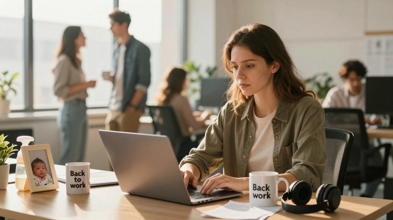 Mulher a trabalhar num escritório moderno, concentrada num portátil, com colegas ao fundo e canecas "Back to work".