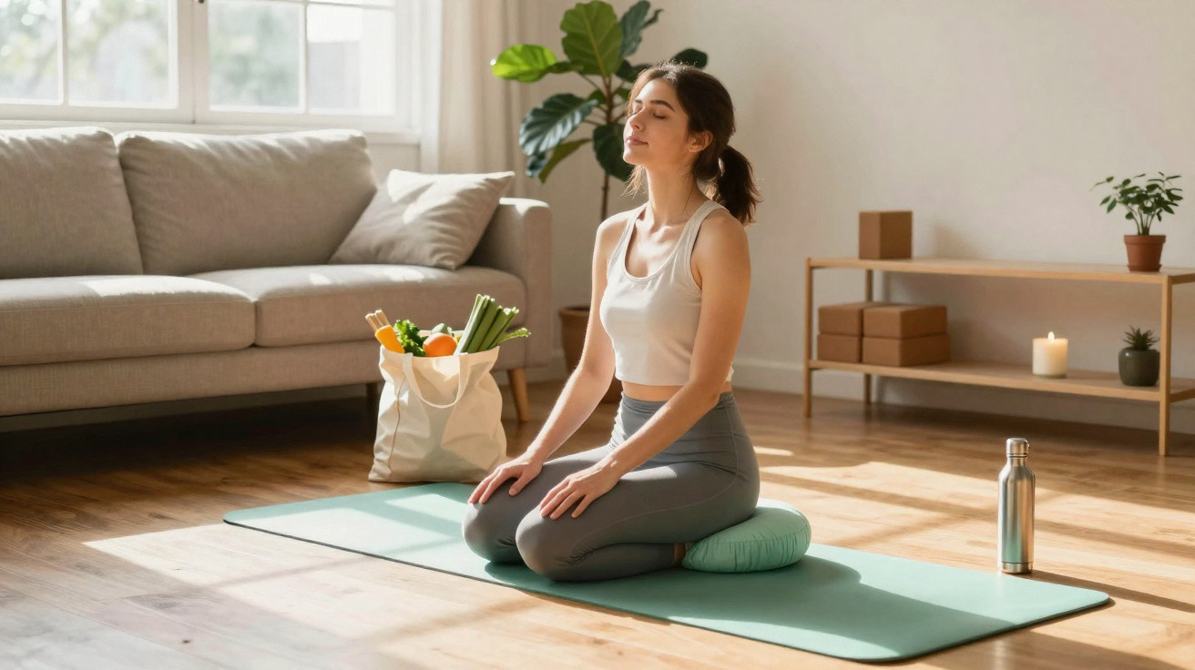 Mulher a meditar sentada de pernas cruzadas num tapete verde numa sala iluminada, rodeada de plantas e luz natural.