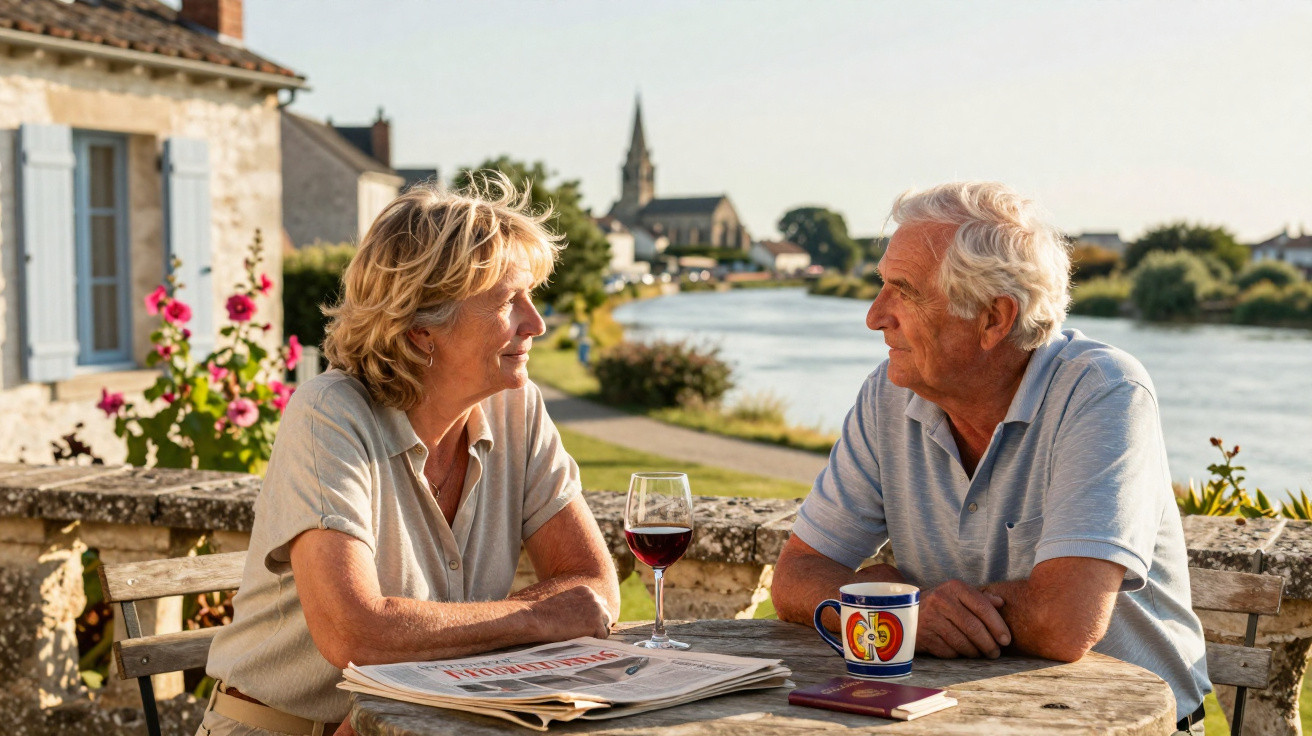 Casal sénior sentado à mesa com bebidas, ao ar livre, junto a rio e casas típicas de vila europeia.