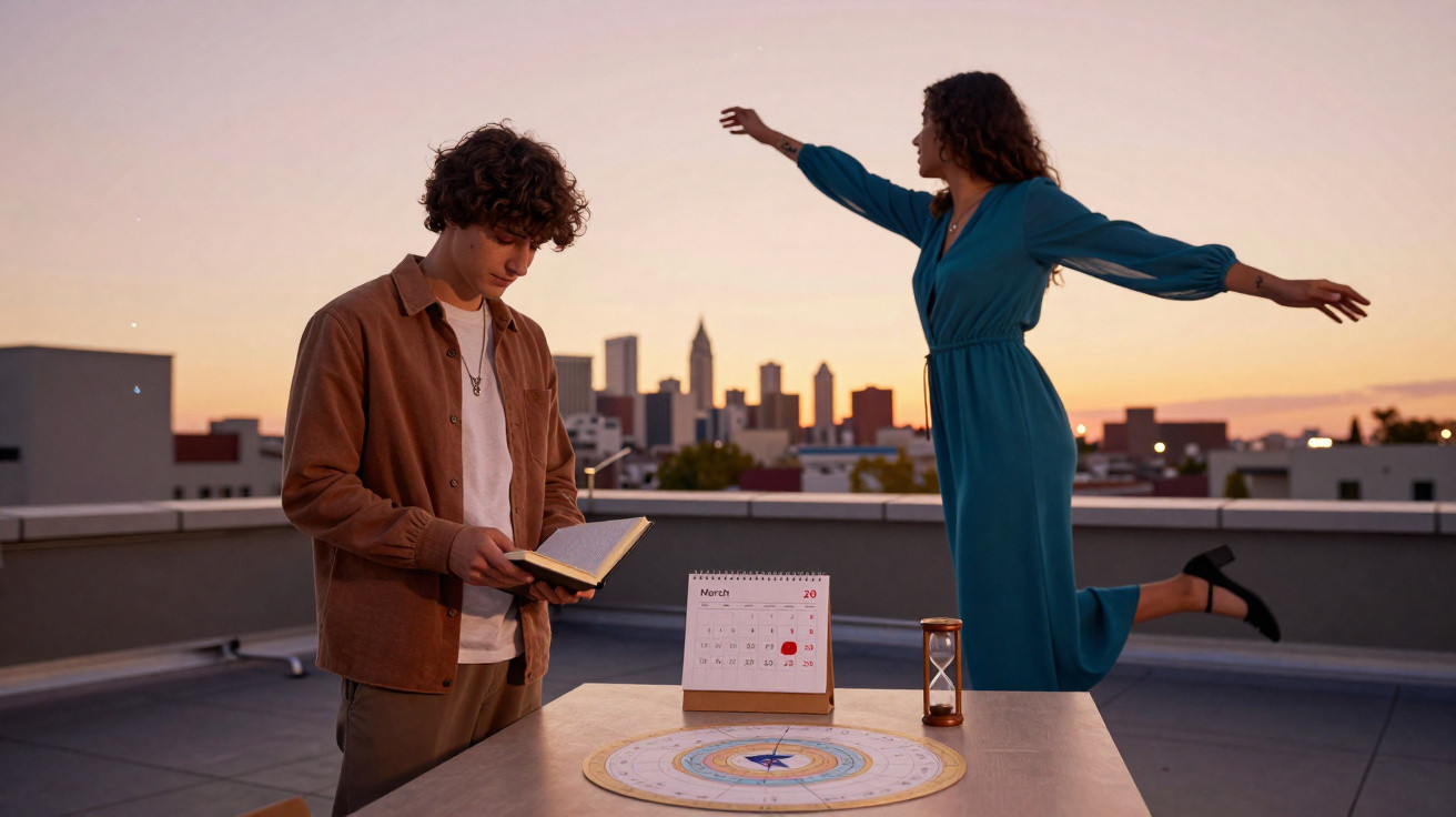 Jovem lê livro e mulher dança em terraço ao pôr do sol com calendário e ampulheta sobre mesa.
