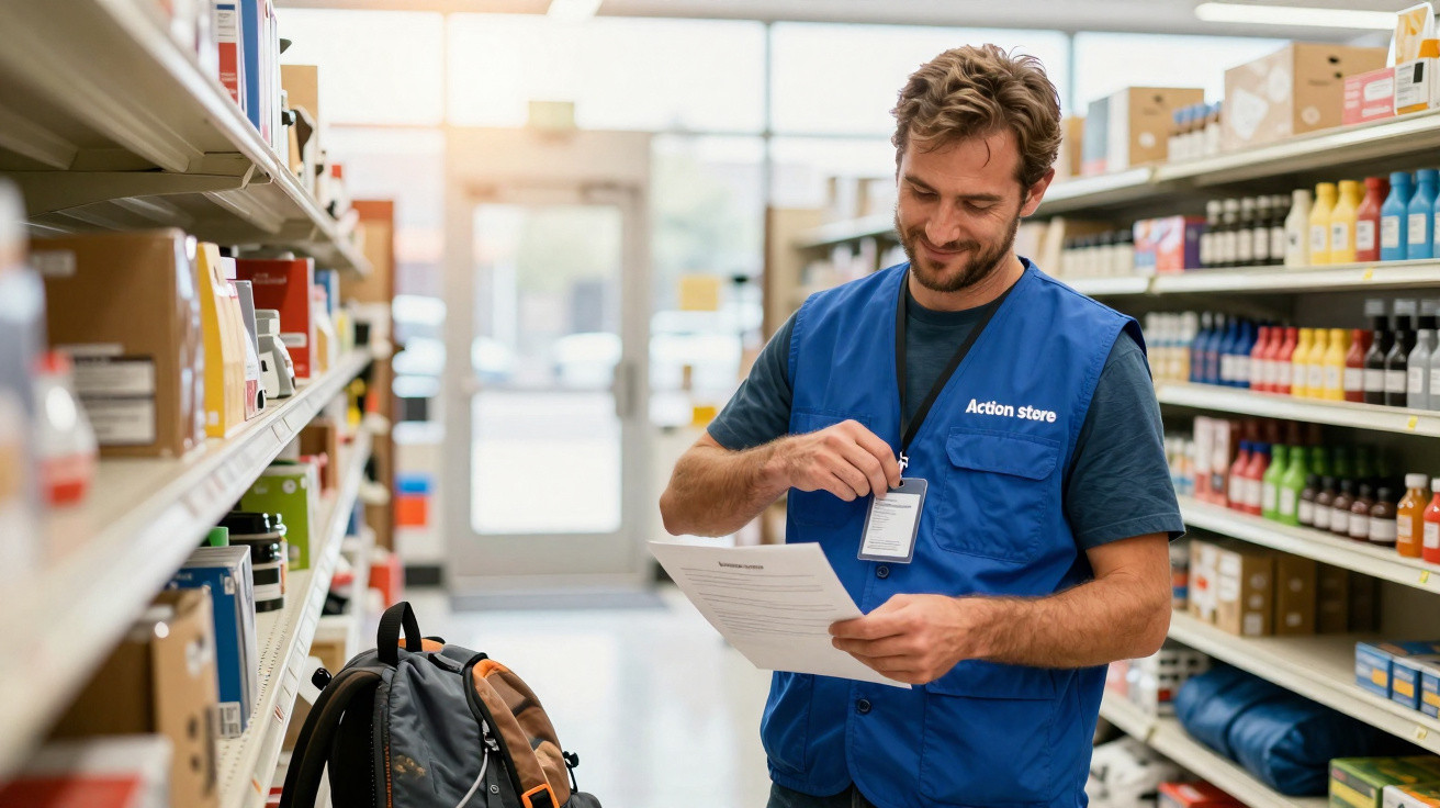 Homem com colete azul numa loja, a ler um documento entre prateleiras de produtos variados.