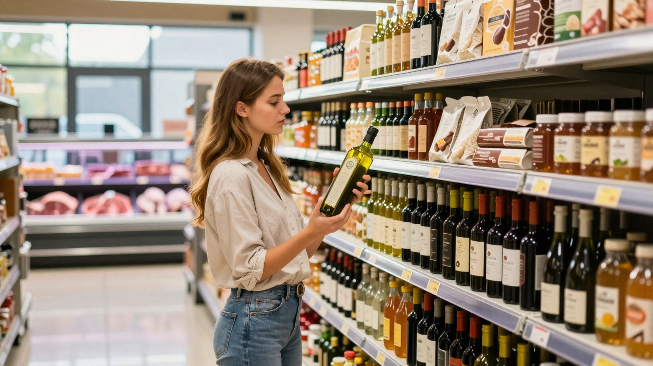 Mulher jovem a examinar uma garrafa de azeite numa prateleira de supermercado.