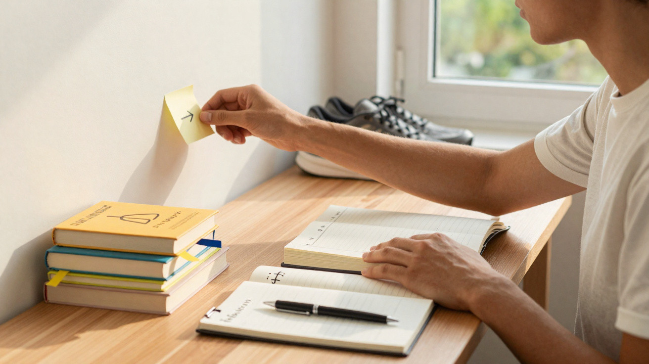 Pessoa a retirar um post-it com seta de apontamento enquanto estuda com livros e cadernos numa secretária.
