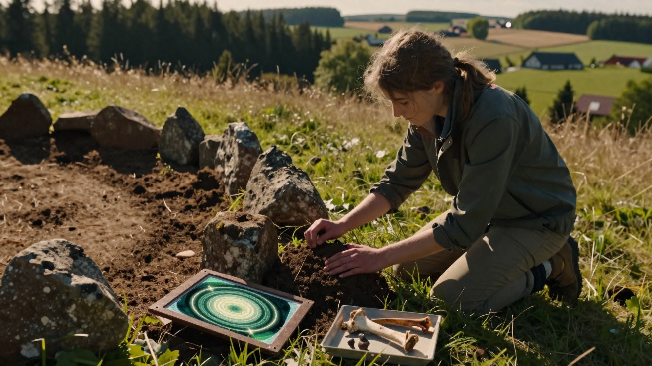 Mulher ajoelhada a cavar terra num campo aberto com pedras e objetos à sua volta, incluindo ossos e artefato circular.