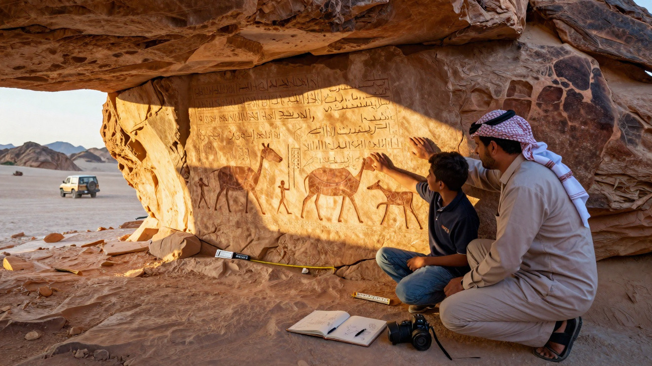 Homem e menino observam gravuras rupestres de camelos numa rocha no deserto, com caderno e câmera no chão.