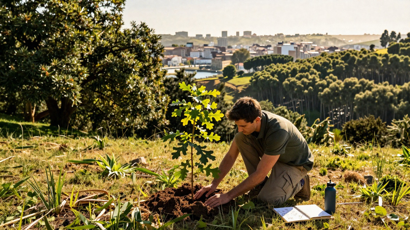 Homem a plantar uma árvore jovem numa área verde com cidade ao fundo numa tarde ensolarada.
