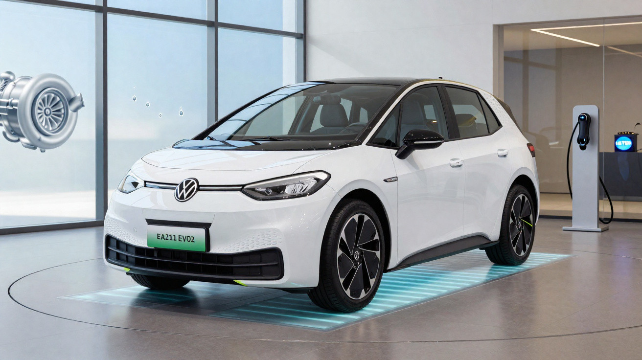 Carro elétrico branco Volkswagen EA211 EVO2 estacionado em showroom moderno com carregador ao fundo.