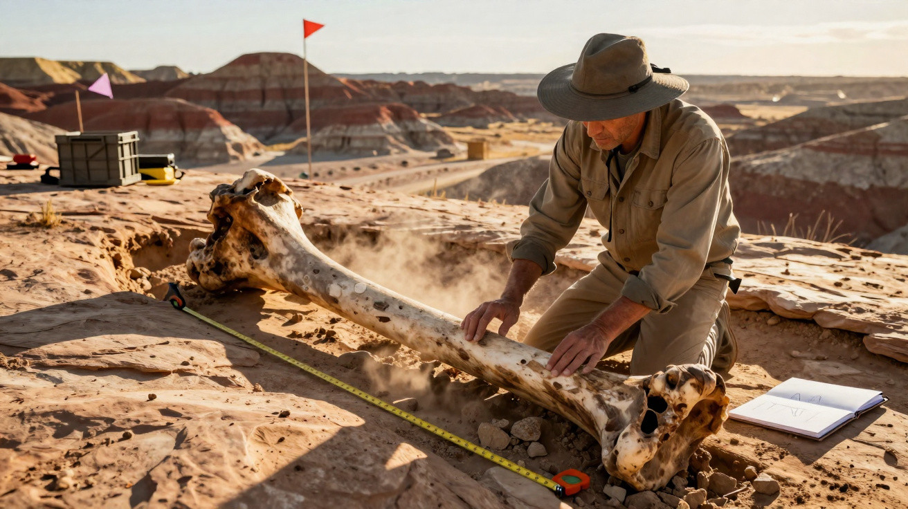Arqueólogo mede osso fóssil gigante num sítio de escavação arqueológica em deserto rochoso.