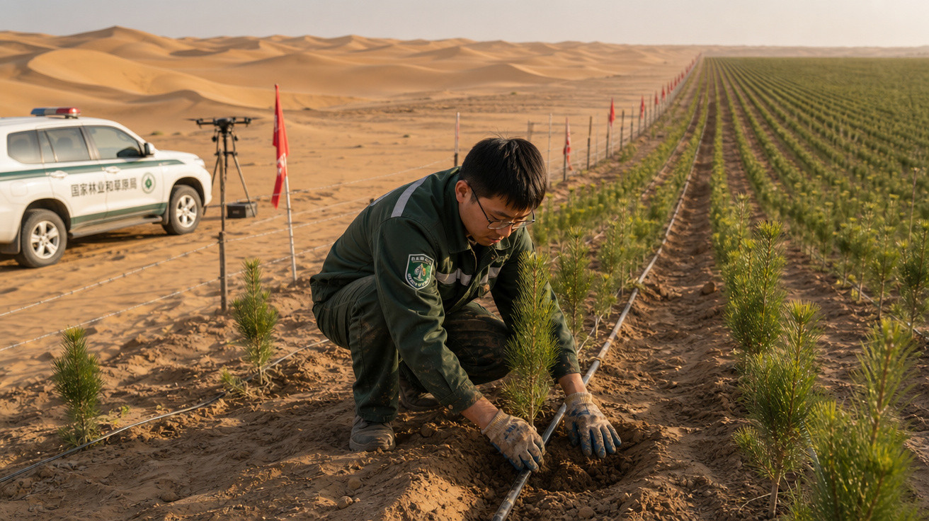 Homem plantando árvores no deserto junto a fileiras de árvores jovens e veículo de serviço ambiental ao fundo.