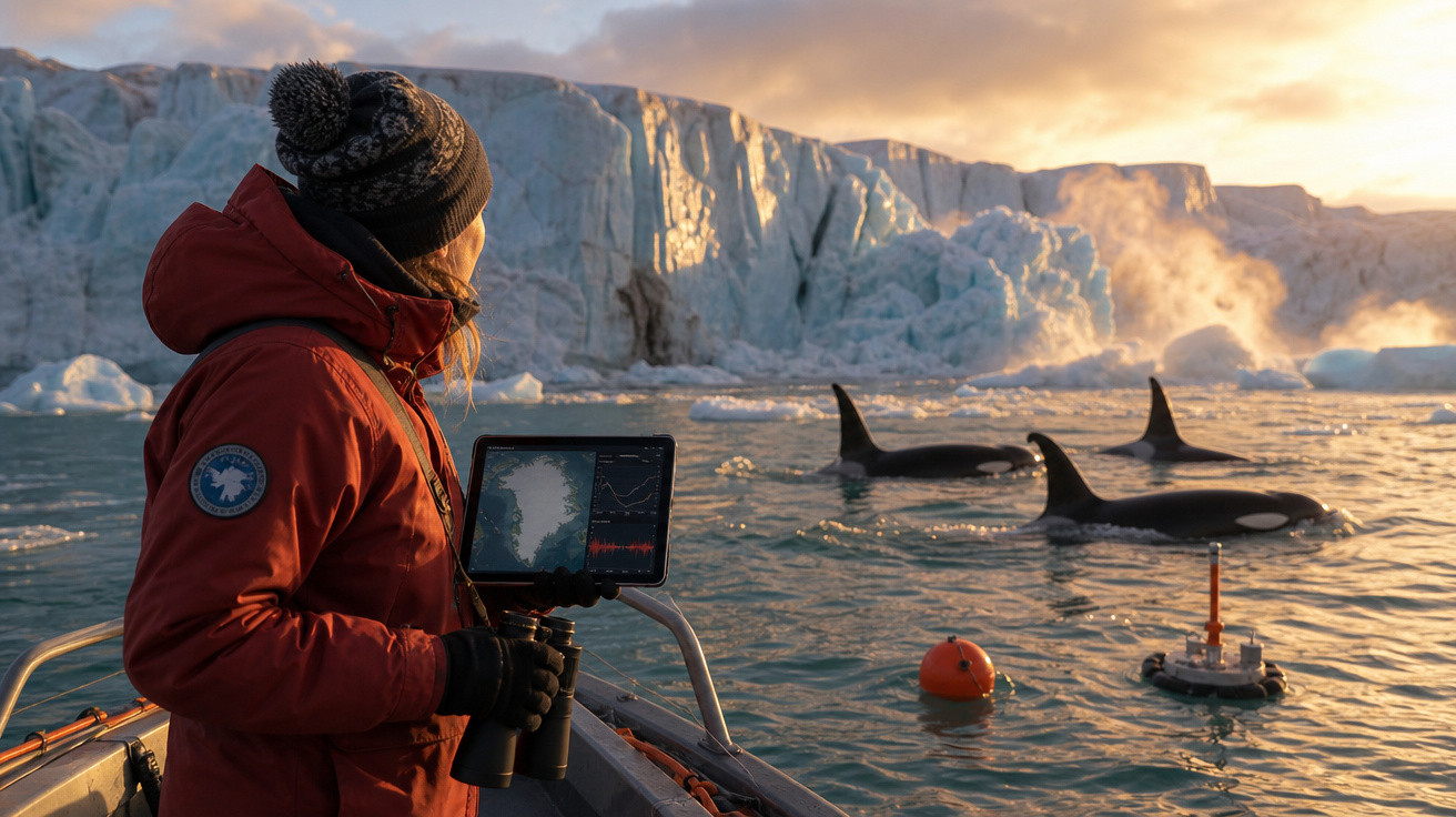 Pessoa em barco observa três orcas no mar perto de uma geleira ao pôr do sol.