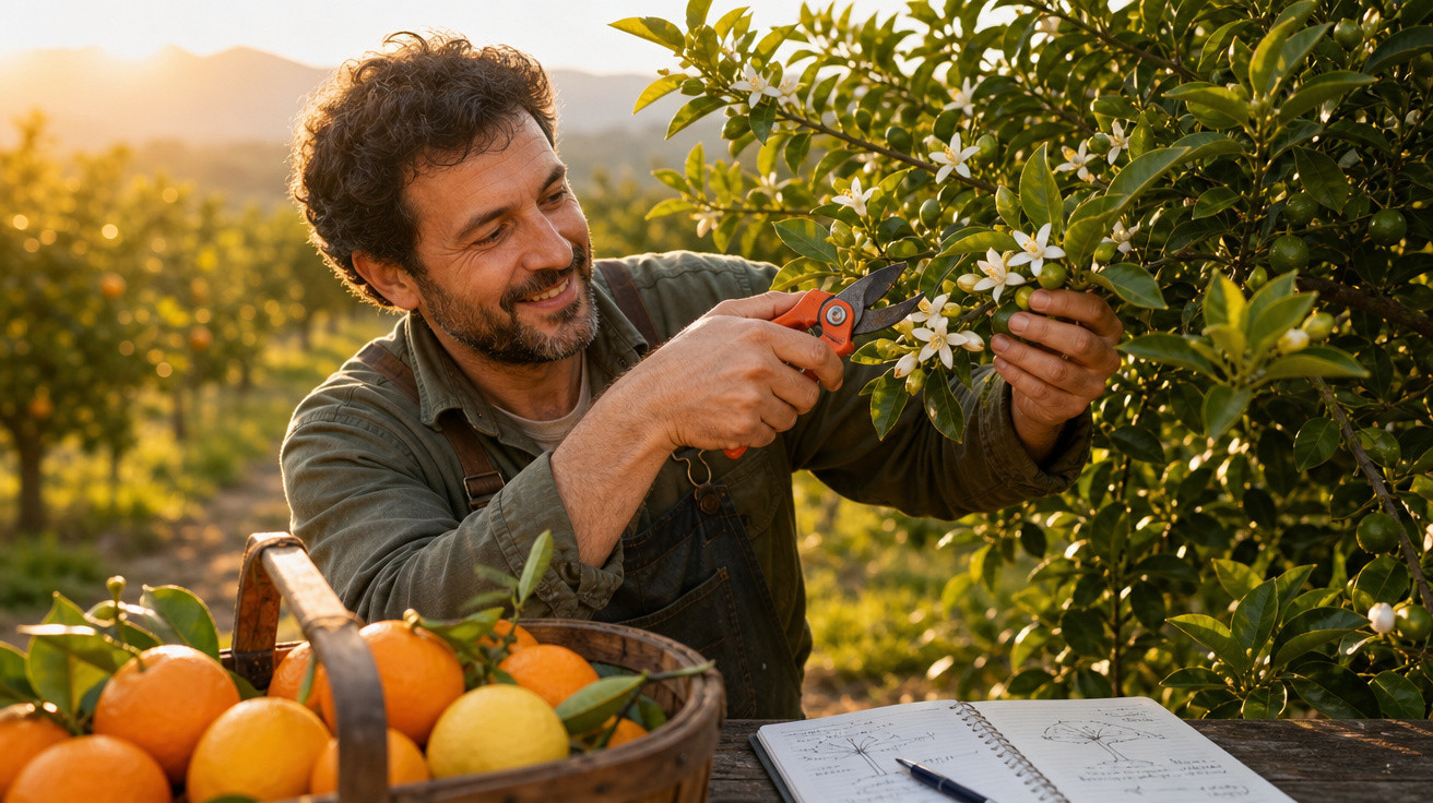 Homem a cortar flores de árvore de citrinos numa quinta ao pôr do sol, com cesta de frutas e caderno à sua frente.