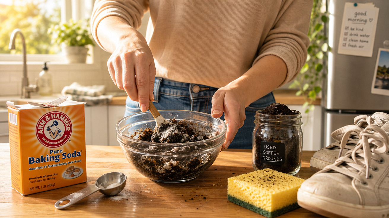 Pessoa a preparar esfoliante caseiro com borra de café, bicarbonato e esponja na cozinha.