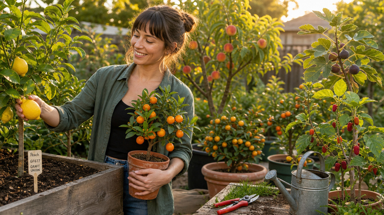 Mulher sorridente a colher citrinos num jardim com vasos e ferramentas de jardinagem.